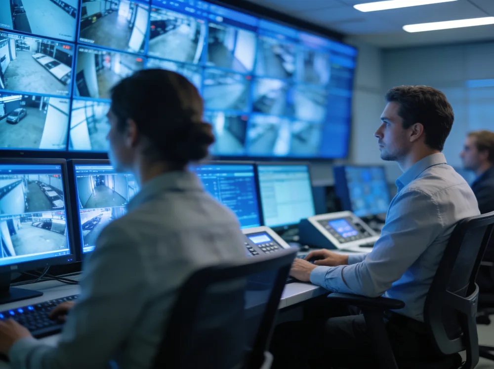 Security control room monitoring screens