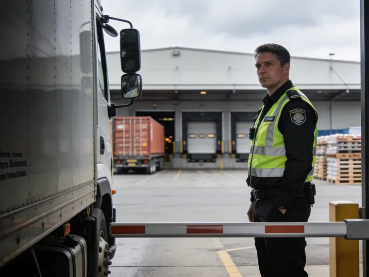 Licensed warehouse security guard controlling a Melbourne distribution centre gate